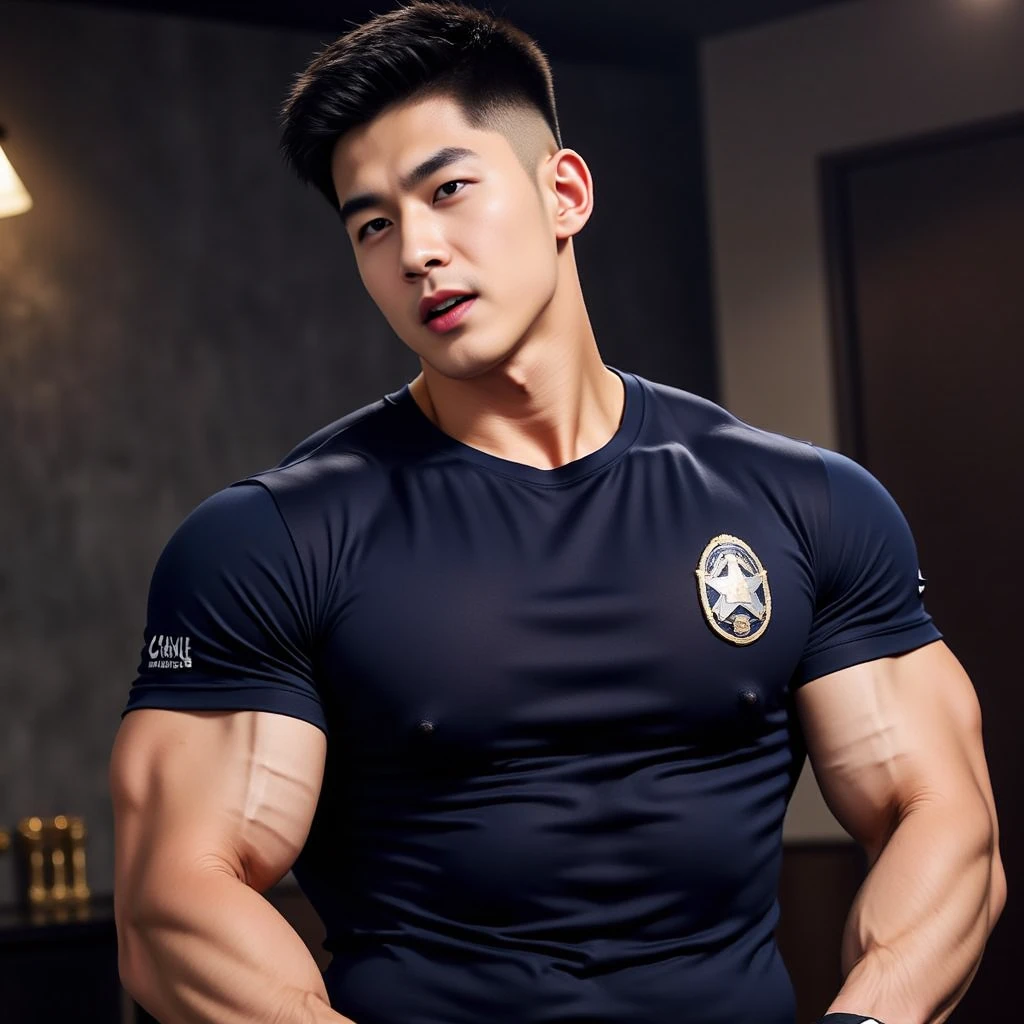 (Create a masterpiece:1.2),(CGI art:1.3),(realistic:1.5),(After processing:1.3),(Sharp focus:1.3),1 man ,(black hair) ,(Wear color navy round neck T-shirt), (with a Police badge:1.1),Navy blue jeans,Korean guy,korean men,(High gloss details),chest muscles,large arm muscles,blood vessel,Big muscles,Broad shoulders,looking at the audience,Balancing the eyes,(Lind has a dining table:1.3),