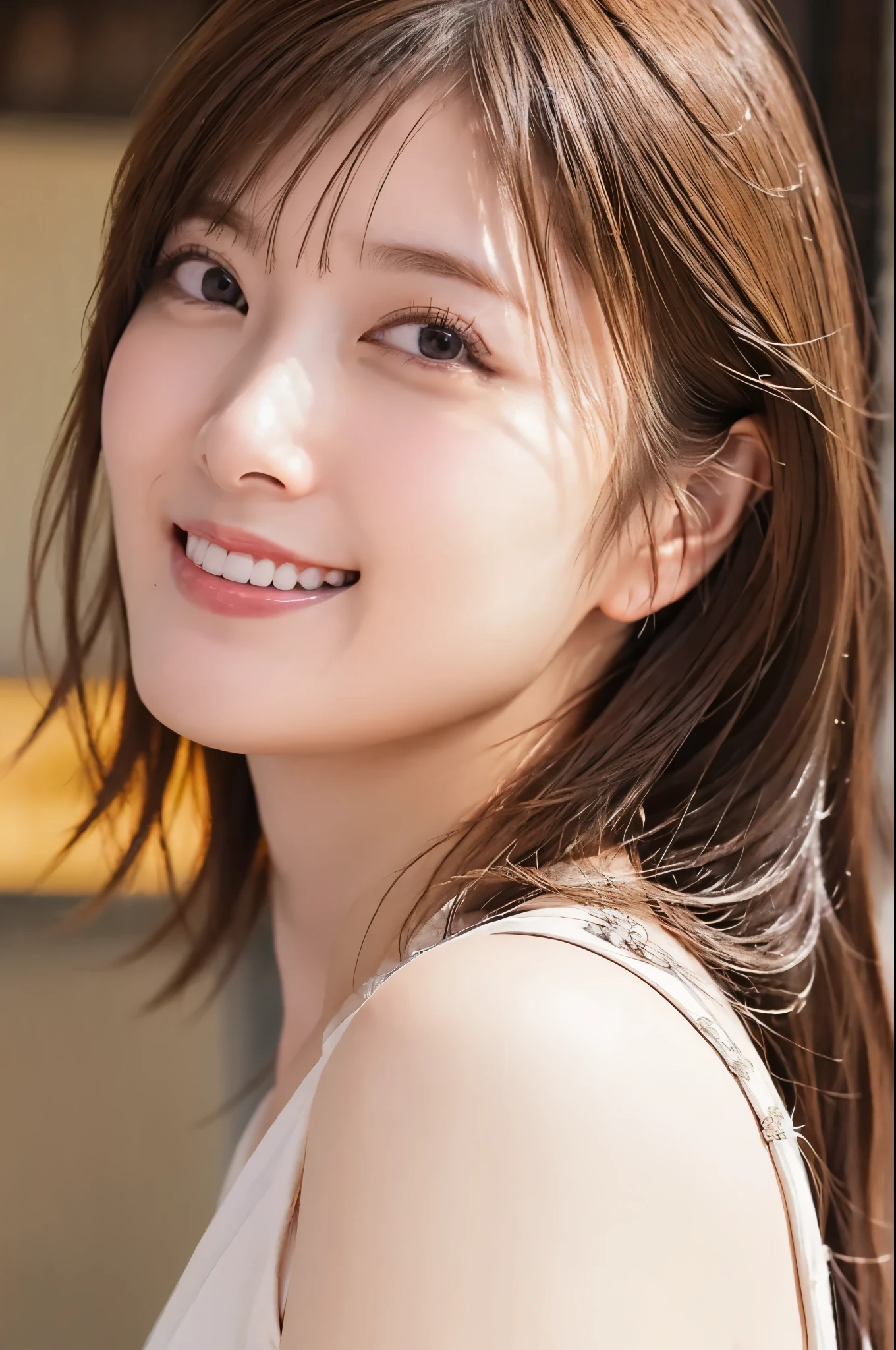 best quality, ultra detailed, detailed, masterpiece, woman, happy, evil smiling, looking ahead, semi long, black hair, brown hair, headshot