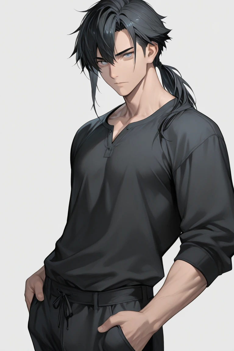 A man who looks like a Japanese rock singer, wearing a black shirt and pants and leaning against a wall. Cool, handsome, good-looking man, short-haired blonde man, young and cool, good-looking man, cool rock singer, androgynous male rock singer, androgynous man, androgynous with well-defined facial features, a man who looks like he could be in an anime, realistic anime, hyper realistic