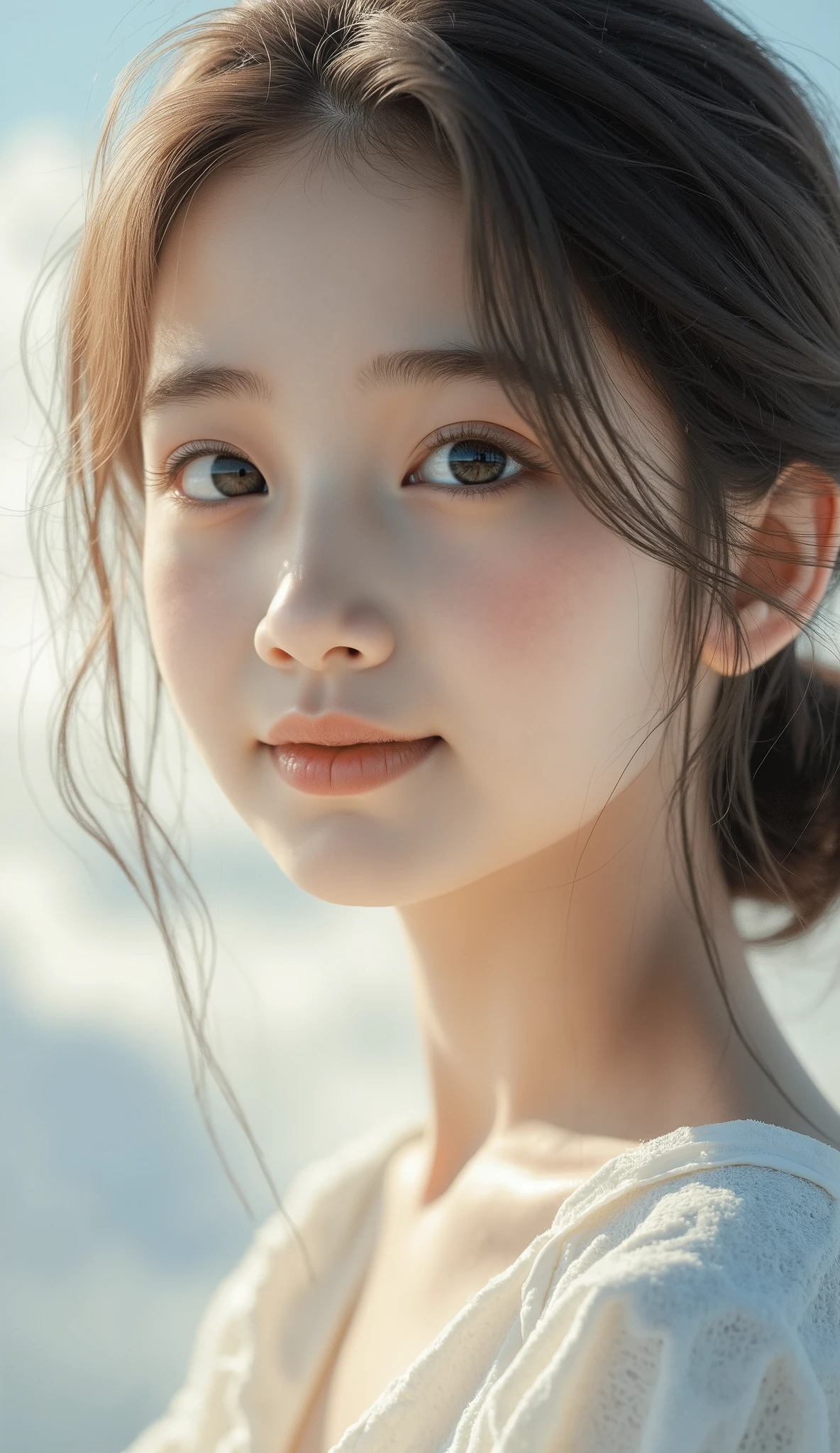 close up face of a young girl, little smile with a delicate cloudy sky background