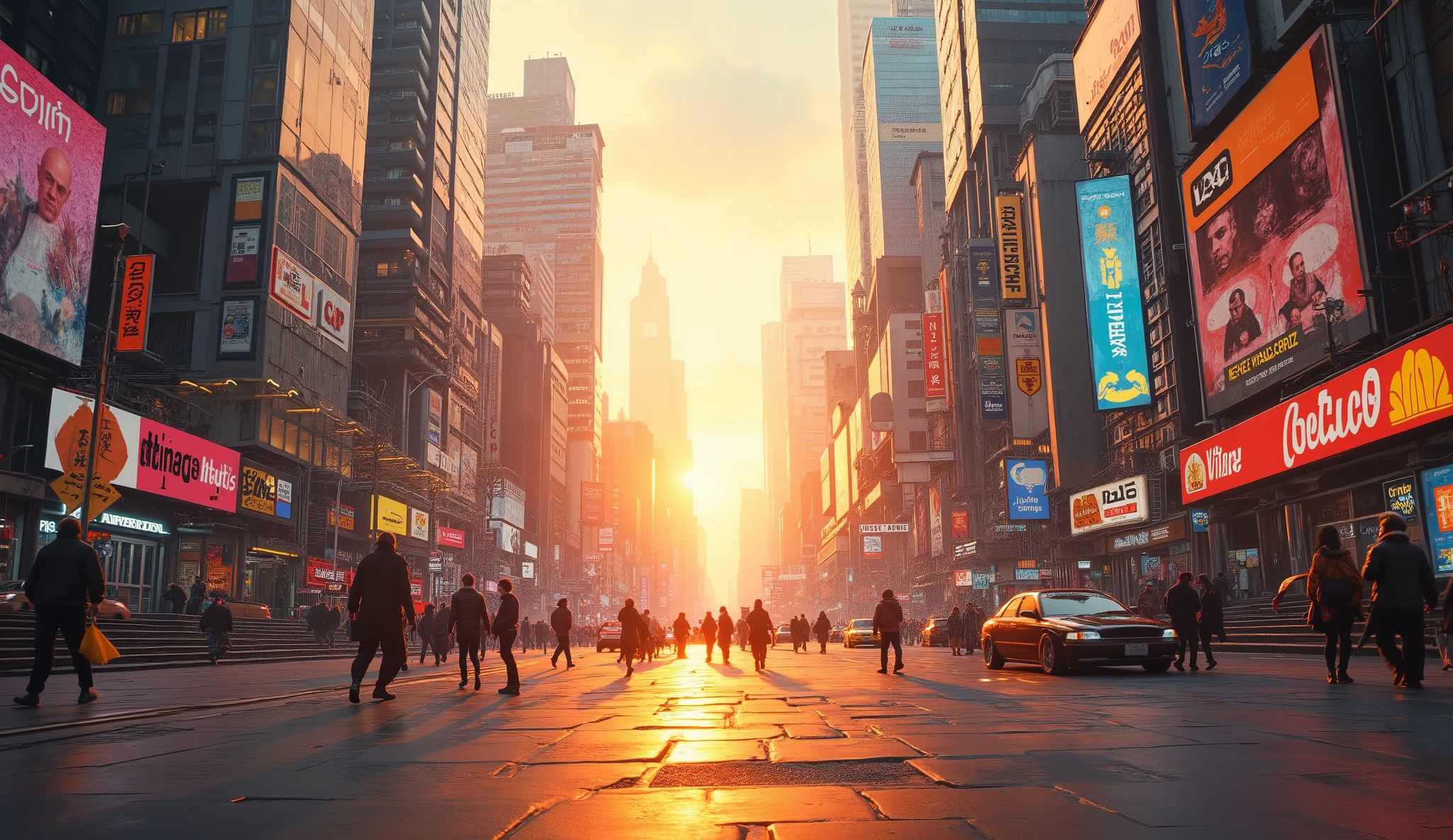  8,000 ,  masterpiece ，Highest Quality, Close shot，symmetry，Ground view， and no figures，Afternoon， High Tech，Warm colors，Cyberpunk City，