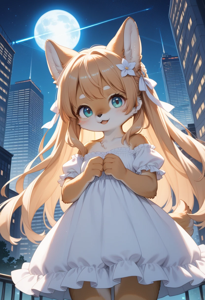 ((Masterpiece)), ((Best Quality)), (Very Detailed), ((Very Detailed)), 4K, (8K), very aesthetic, absurdres highres, 1 woman, (anthropomorphic pomeranian, furry, kemono:1.5), A woman wearing a bridal gown is running at full speed against the backdrop of a cityscape at sunset. Desperate look, sweat dripping, sprints,