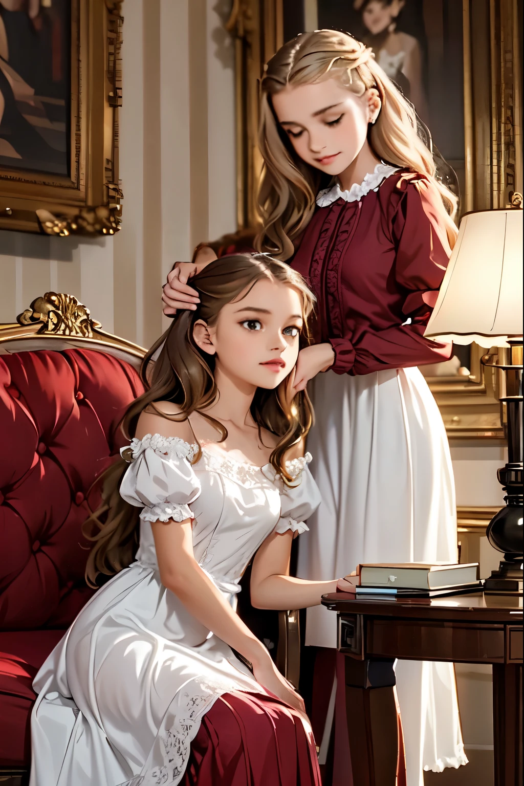 A warm, golden light illuminates a cozy parlour setting in the Victorian era. Three normal young girls, dressed in frilly, high-necked gowns and puffed sleeves, sit together on a plush armchair. The eldest, with curly brown locks, holds a worn leather-bound book, while her companions, sporting matching blonde ringlets, gaze up at her with admiration. The backdrop is a rich, dark wood paneling, adorned with ornate mirrors and intricately carved furniture. Soft, gentle shadows dance across the scene as the girls' laughter and whispers fill the air.