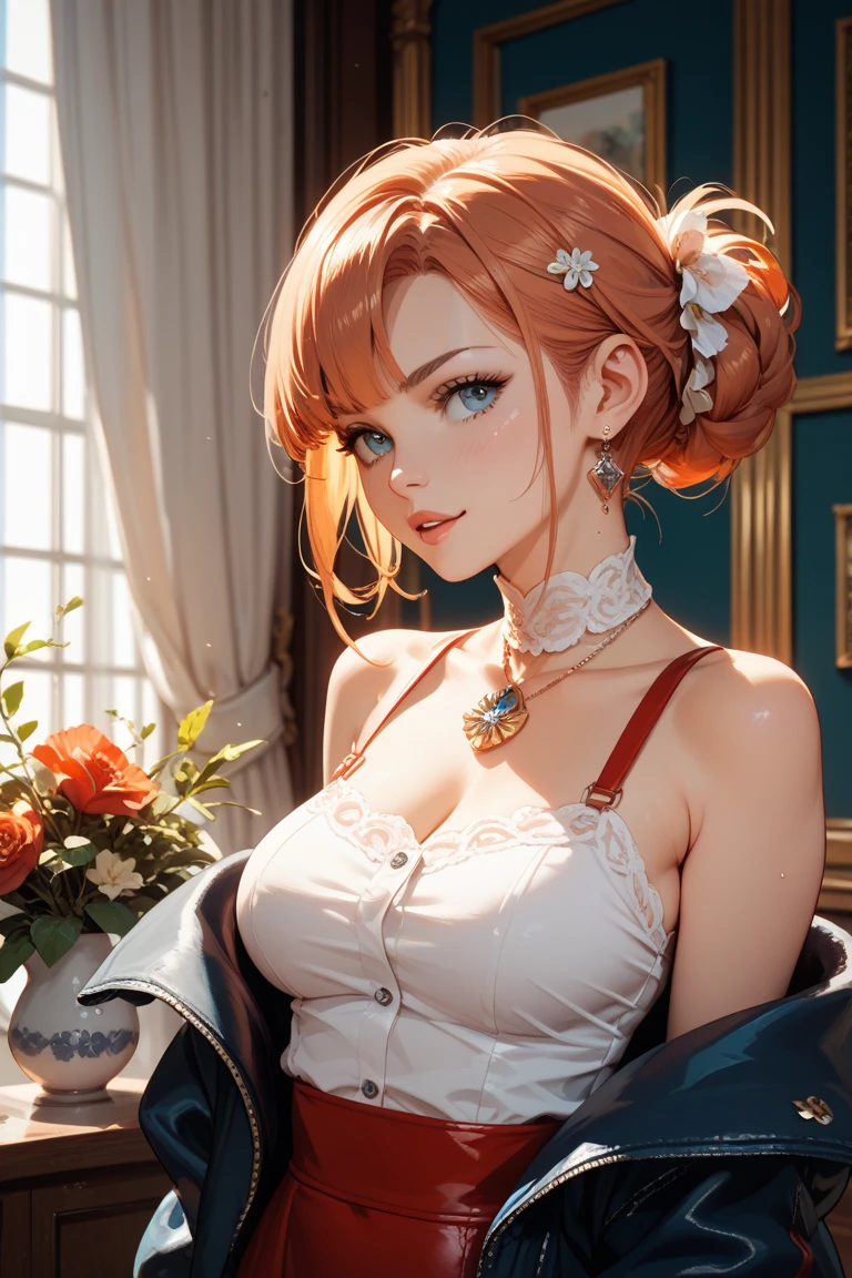 an extremely cute and delicate girl, she has short messy red hair, dreamy blue eyes, wearing a white dress, extremely detailed, extremely realistic, best quality, perfect, masterpiece