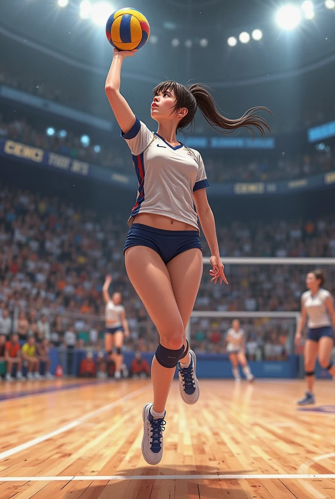 masterpiece,1Beautiful girl, detailed defined body , volleyball uniform,small head,detailed big eyes,large breasts,narrow waist,nice foots,volleyball venue,sporty sexy,cinematic light,