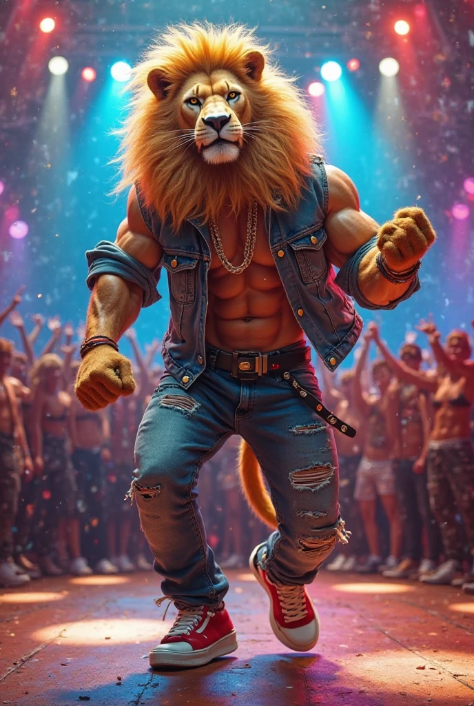 Full body lion that is dressed only in Nike clothing with a cap that shows the mane on the sides and that looks like it sings urban music, rap, hip hop, reggaeton, etc. and I also want it to have a sharp 1080 ultraca full HD appearance to save it on my phone. Lion with mane on the sides, quite a lot of mane, high mane volume. Lion that sings. Lion with glasses. Animated lion with chain.