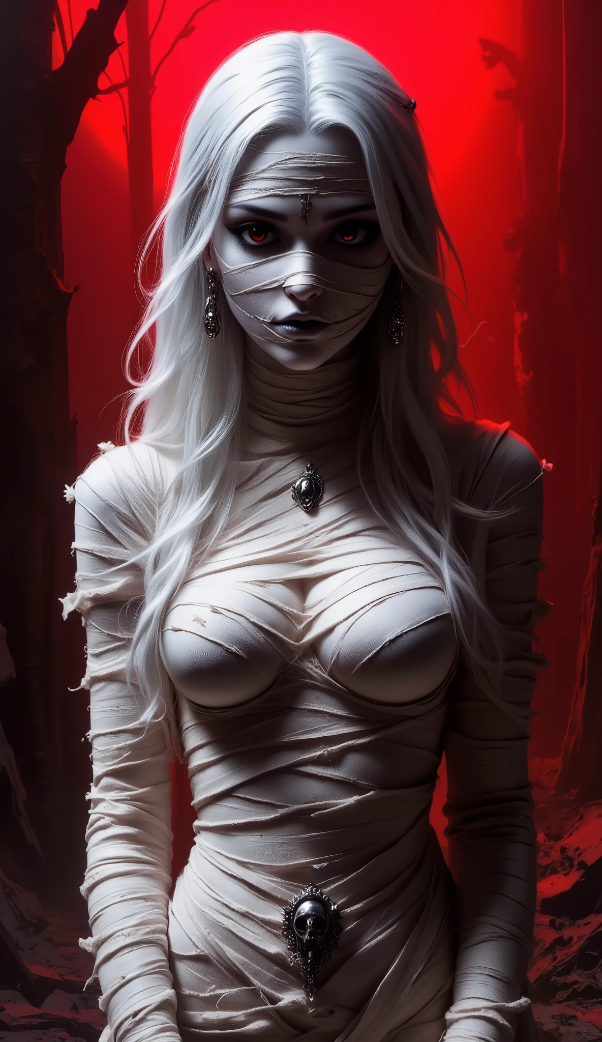 Masterpiece, Very white skin, cinematic lighting, crazy look,
Long, parted hair (left: glowing silver moonlight, right: deep, matte black darkness), soft curls.
- Heterochromatic eyes (left: matte black, right: fiery ruby red), long eyelashes, thin black eyeliner.
- Mummy outfit: Anti-wrap, torn bandage mask, bandage wrap, Sarashi chest.
- Accessories: Silver skull necklace, black spider-like earrings, black and white fingernails.
- Atmosphere: Mysterious forest at night, faint red fog, floating ash, red moonlight rays.
- Personality: Mysterious, glowing aura.
- Additional keywords: Anime aesthetics, dynamic lighting, iridescent glow, soft shadows, haunted image, detailed outfit, only human features, best quality, highly detailed, realistic physical clothes:1.3.