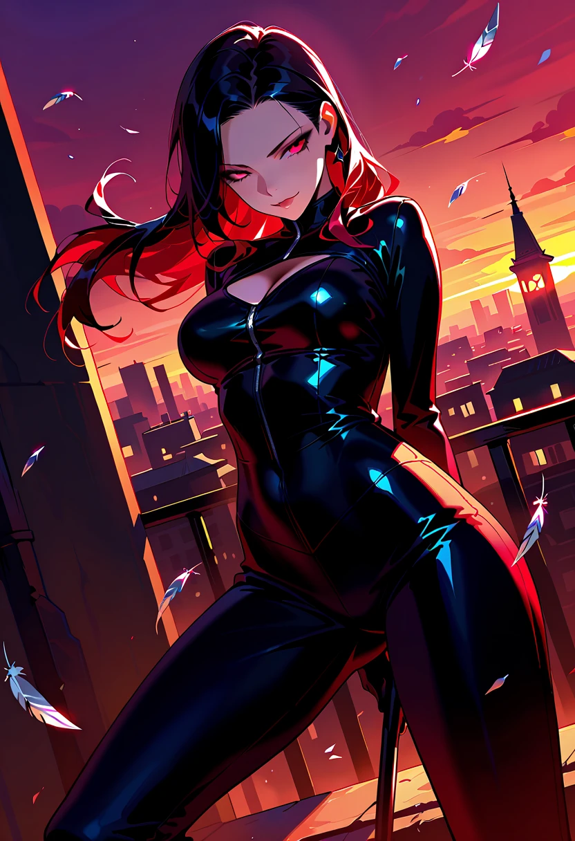 Photo of a slender female (beautiful, 25s, redhair, red long hair) Spiderwoman perched high atop a building, viewed from above, with an intricate background. looking to the viewer