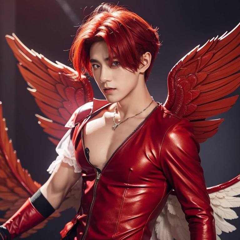 muscular man with red hair, wearing a black hood with red undershirt, gang pants, big red angel wings on his back with a sexy look on his face