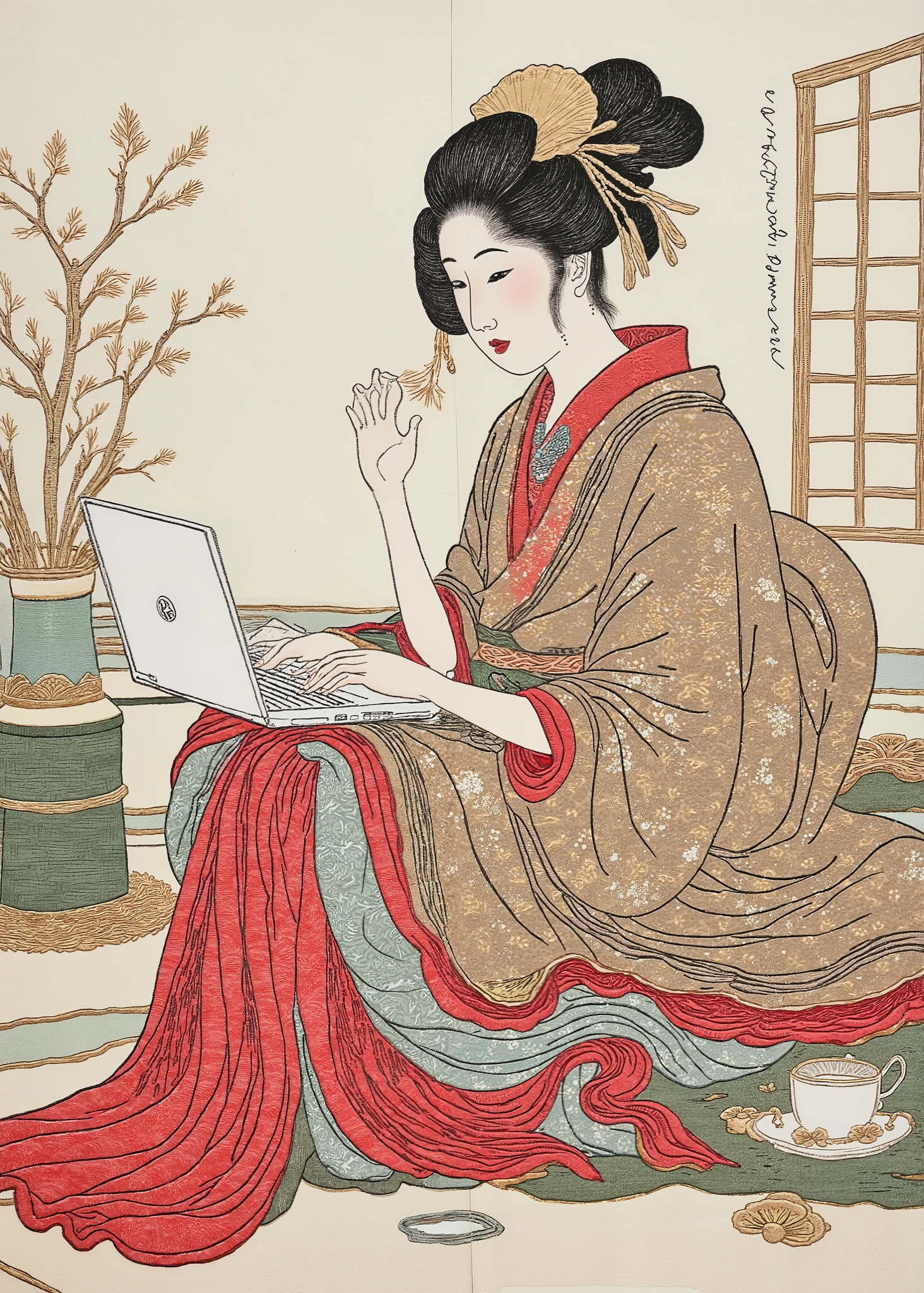 Ukiyo-e Style , 派手な kimonoを着た舞子が畳に座っている、Maiko is typing on her lap with her Mac computer on her lap, Ukiyo-e on Japanese paper , mixed style of sumi-e and ukiyo-e , kimono, integrated into ArsMJ style , Zen painting , Japanese woodblock print Ukiyo-e ,