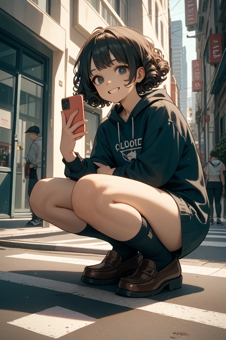 Selfie, (1 personのドワーフの女の子), (1 person), (super high quality), masterpiece, Wear goggles on your head, (Brown Hair Color), Squat, (Colorful colors), Casual Scene, Relaxed atmosphere, she wears fashionable clothes, Shorts, boots, cold, Street atmosphere, Underground Passage. Perfect body, (E Cup:1.2), Grin, teeth, Fresh, (Asymmetrical bangs:1.3),Short Bob, (Highly detailed face and eyes), Sharp eyes,SF, Digital Art, beautiful, Cinema Lighting, By Yusuke Murata.tonality, Romanticism, modern art, Impressionism, reflected light, 8k, masterpiece, Advanced Details, highest quality