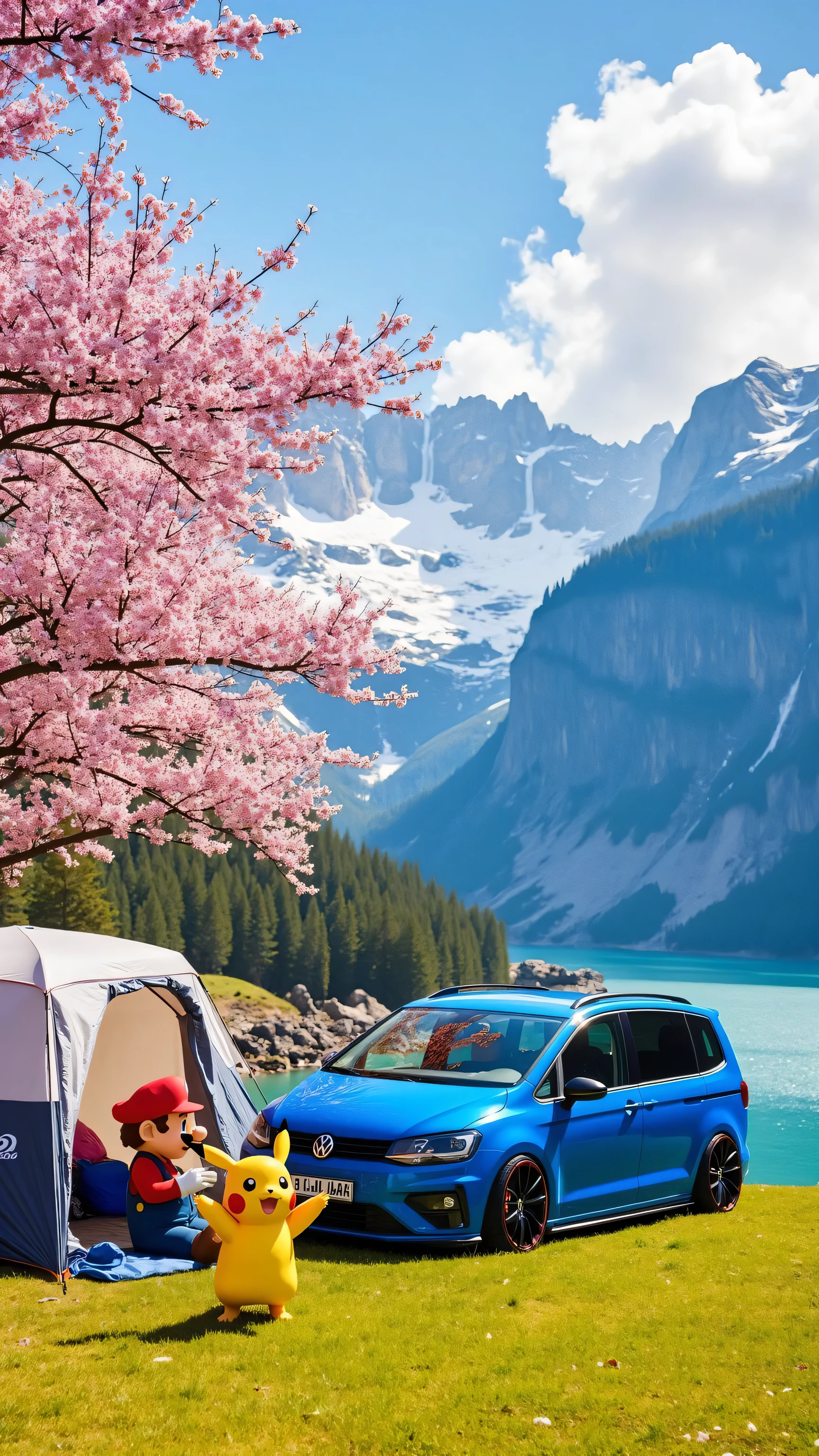 Pikachu and Mario set up a tent on the meadow,parked blue Volkswagen Touran L,Modified car,wide body and negative wheel base wheels,written on the license plate:” Li Mu Mu”。There are cherry blossom trees next to the meadow,Cherries are scattered in the air。Next to the meadow is a huge lake,The deep blue water is very clean。Snow-capped mountains in the distance,There is a waterfall on the snowy mountain