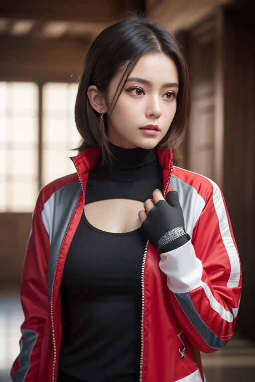 Screenshot My hero Academia.
brunette girl, short black wavy hair, without fringe, has brown eyes, wears a black hero suit with red stripes and a hood