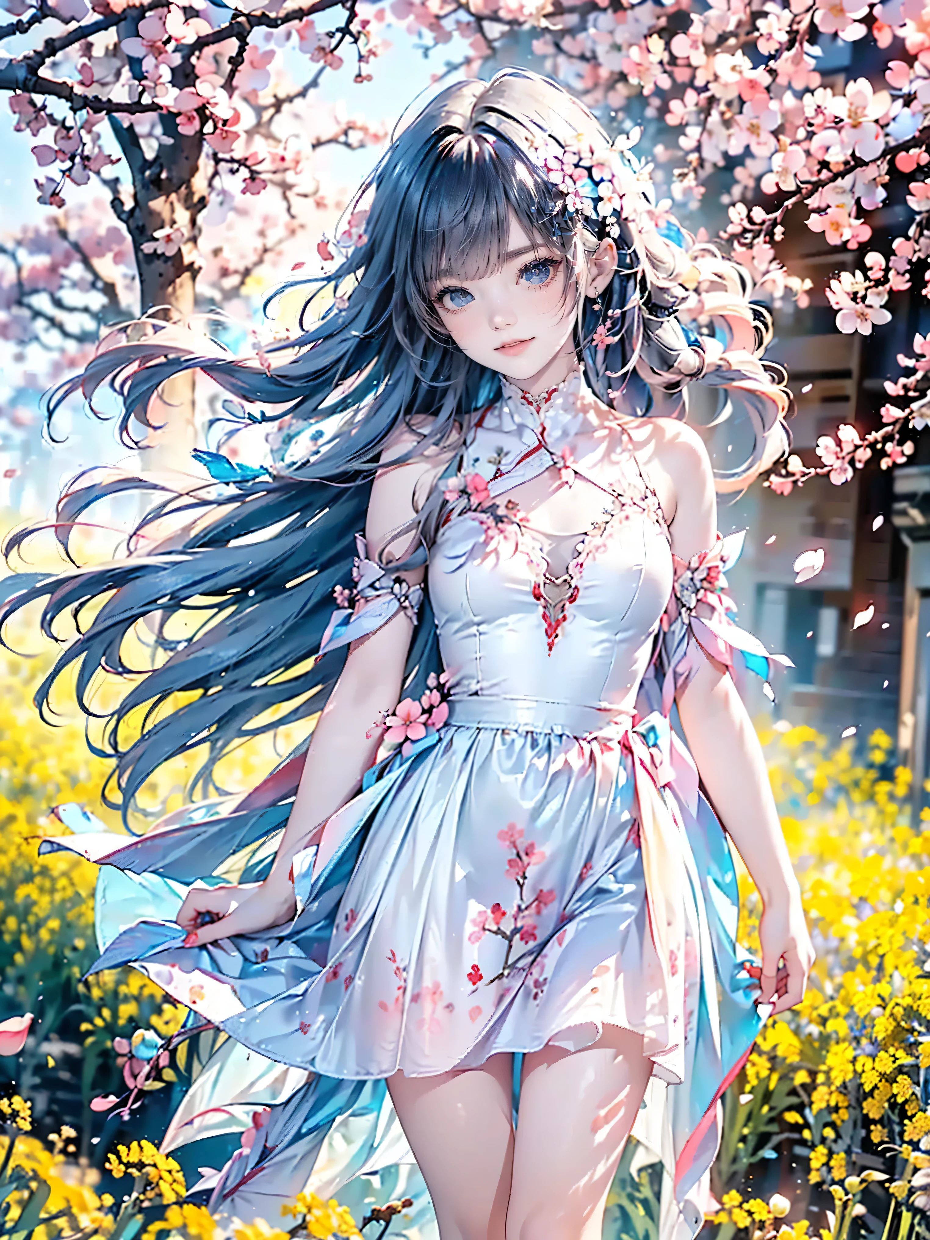 Highest quality, 8K, Highest quality, ((Cherry blossom petals fluttering in the air)), ((Odd-eyed high school girl)), ((Heterochromia, red eyes, blue eyes)), ((Sparkling, delicate eyes)), (Very precise eyes), (Long platinum and purple hair), Princess cut, ((Translucent, shining white skin)), Shining skin, Very white skin, ((Small breasts)), ((Anatomically accurate depiction)), ((Detailed depiction down to the fingertips)), ((Wearing a silk dress embroidered with cherry blossoms), ((Standing in a meadow full of rapeseed flowers and cherry blossoms)), ((She holds back her hair blowing in the wind with one hand)), Smiling, Illuminated by the morning sun, Fantastic, Very beautiful, Light dances around her along with the glow of the rapeseed flowers and cherry blossoms
