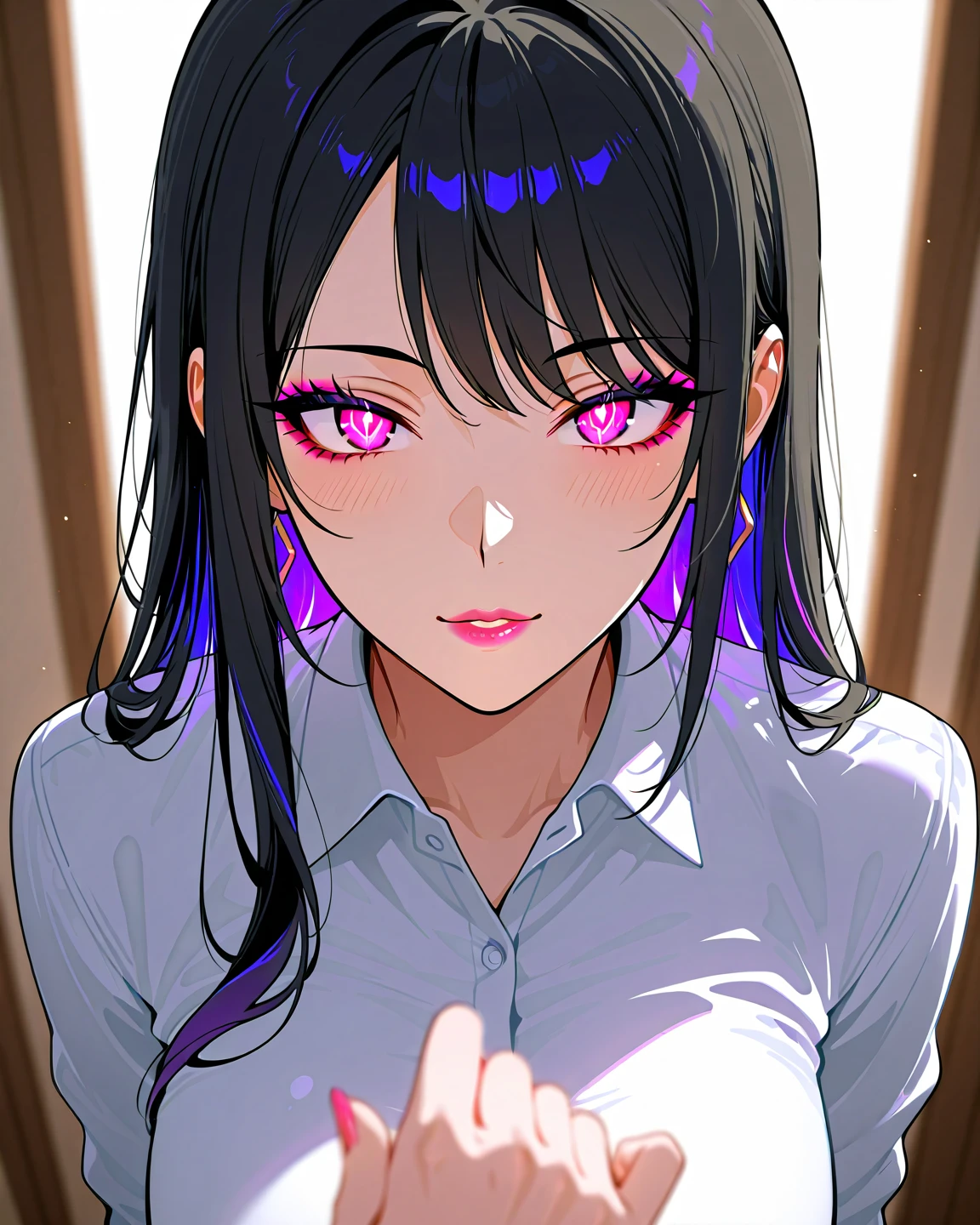 (Highest quality),(masterpiece), 8k,Very detailed, Detailed light, Best Shadow,Detailed reflective eyes, Beautiful Eyes, Very detailedな顔,Shiny Hair,Big Breasts,charm,One person,Gloss,Black Hair,Expressionless,Hollow Eyes,Beautiful fingers,Beautiful Hands,whole body,Black Suit,black tights,Black-rimmed glasses,Sunburn,Purple eyes,thick eyebrows,Cool,