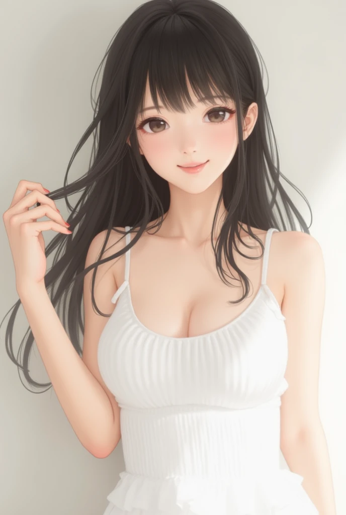 highest quality、Realistic、woman、summer night、Gray Eyes、ponytail、all back、Black Hair、Tanned black body、Tan Skin、Brown black skin、Dark skin、slender、Large Breasts、White Lingerie、smile、Bust Shot