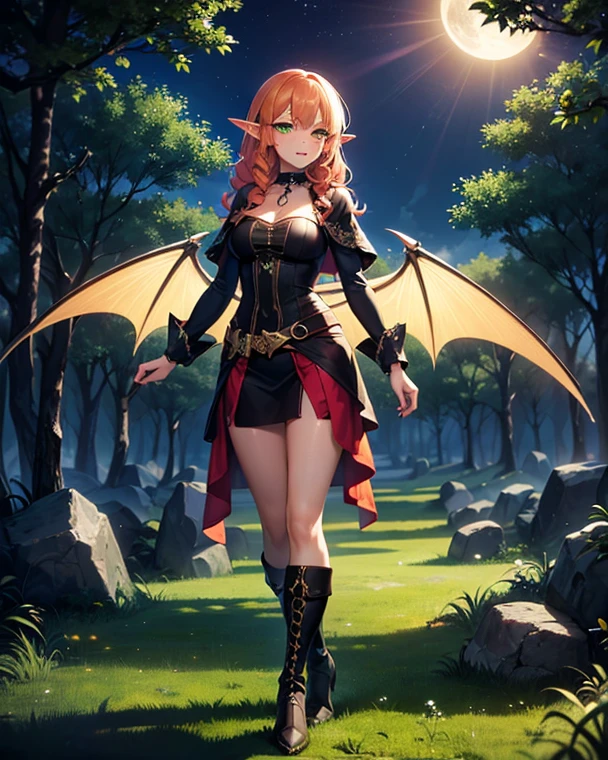 vintage anime elf girl with dragon wings, fantasy art style, extremely detailed artgerm, detailed digital anime art, anime fantasy illustration, beautiful character painting, artgerm on artstation pixiv, 2. 5 d cgi anime fantasy artwork, orange long hair, medium breast, hazel eyes, looking towards the viewer, (best quality, top quality, ultra detailed, high-resolution, HDR, beautiful detailed, masterpiece, 2,5d)