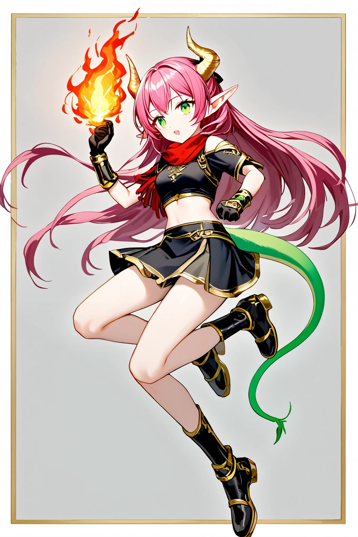 (one girl), (perfect female body), (Jumping and kicking with flames on the right foot)。(The thin, light green tail with no scales grows only one from the position of the coccyx )。A golden dragon horn grows from its head。-aged woman 。( up), (pink hair)。green eyes。(elf ears), ( wearing a red scarf like a hero )。 hangs a pendant with a blue crystal in the shape of a drop of water from the neck to the front of the body。(black short sleeve crop top with gold border)。black fabric shoulder brace with gold trim。black skirt with a golden border。I'm wearing black short shorts under my skirt 。I'm wearing a black boot cover。A golden shin guard is attached over the boot cover。 wrist and red and gold stripes on the ankle。hand from both hands。I'm wearing black thimble gloves on my hands。 emitting lightning from all over her body 。please draw。