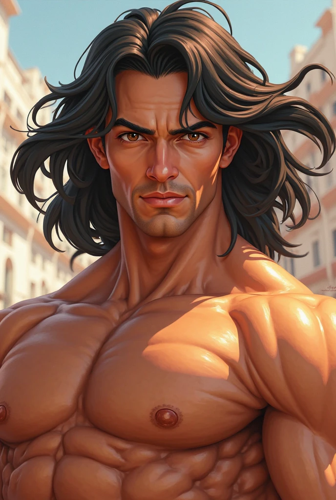 Mighty gladiator, chest uncovered, lower body revealed from thighs to feet, cascading long curls, detailed muscular physique, lifelike depiction, 4K resolution. Background: Colosseum during a spectacular sunset,32k uhd, best quality, masterpiece, super detail, high details