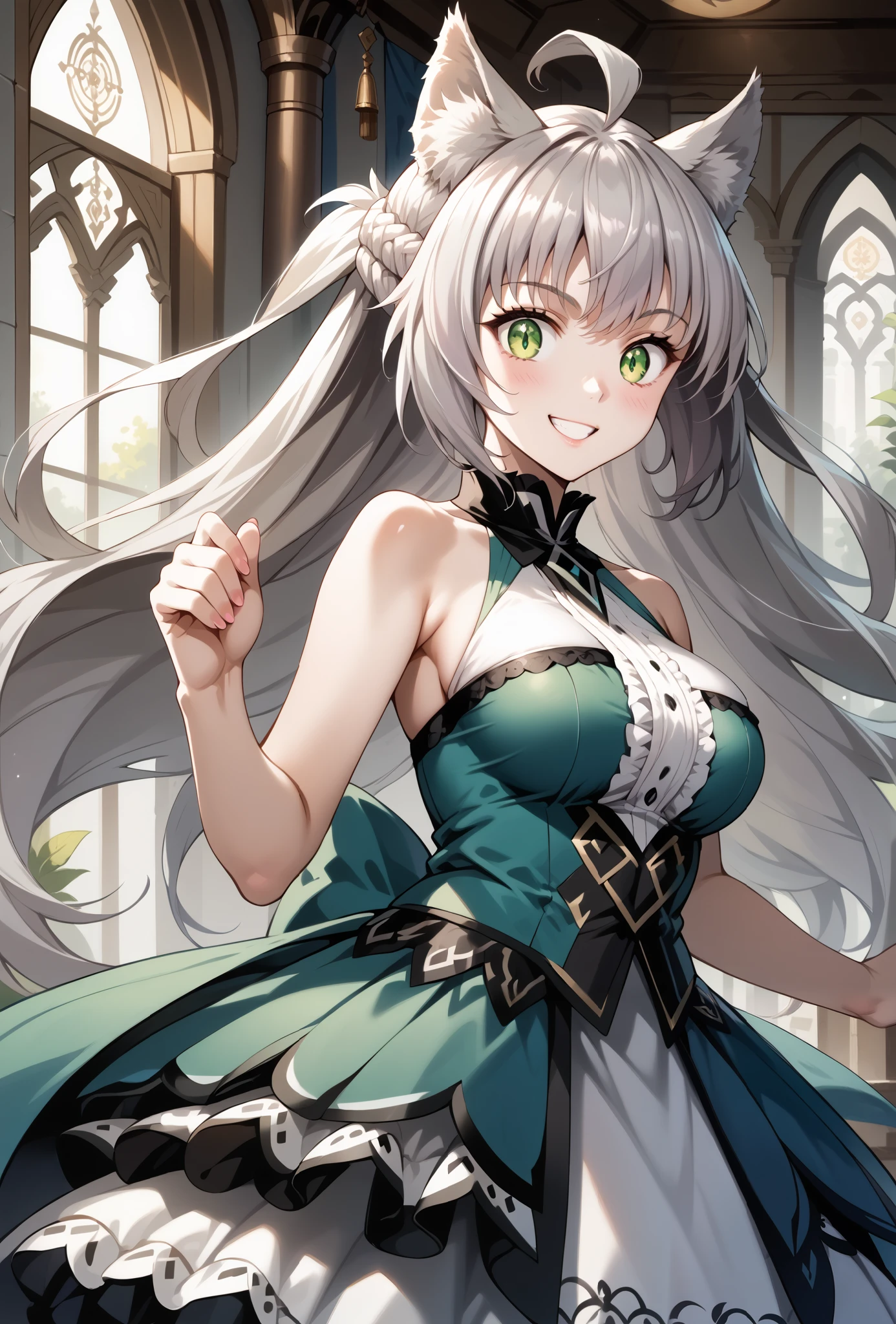 Women,white hair,Elongated hair and Lazio,hair over eyes,black eyes, breasts,Light Green short skirt dress with blue details, white gloves,green dress,sonrisa arrogante ,theet,