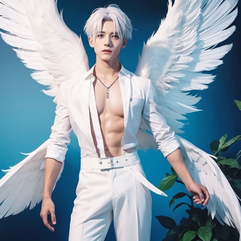 best quality, masterpiece, (photorealistic:1.4),boy,shirt with collars, waist up, dramatic lighting, from below , Turquoise fur, blue eyes, shell necklace, wisteria, angel, glowing eyes, white fur, phoenix,, night sky,Blue flames, cherry blossoms , peacock feathers, handsome, sixpack, charming, Miko , samurai, background underwater,prince,fire wings, Greek mythology