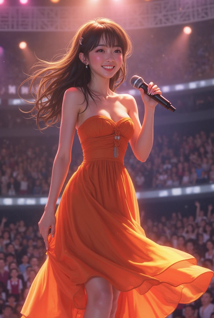 Una mujer araffada con un Red dress está parada en un escenario, running on stage, ( ( emma lindstrom ) ), ruffled suit, wearing a shiny dress, running, Hanna Montana, nico con un Red dress, wearing white leotard, Chica con Red dress bailando, the background is heavenly, black haired goddess, Red dress, happy smile