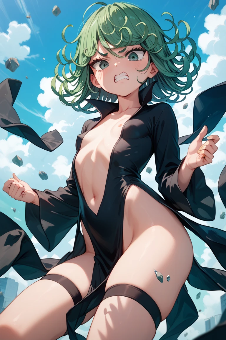 green hair,green eyes,glare,cry,tears in my eyes,(collar),(lead)、elementary school girl、flat chest、pointed nipples、Open your、White panties dig in、transparent、((cover 1&#39;one on the chest&#39;hand))、naked、、lolicon、((flng in the air))