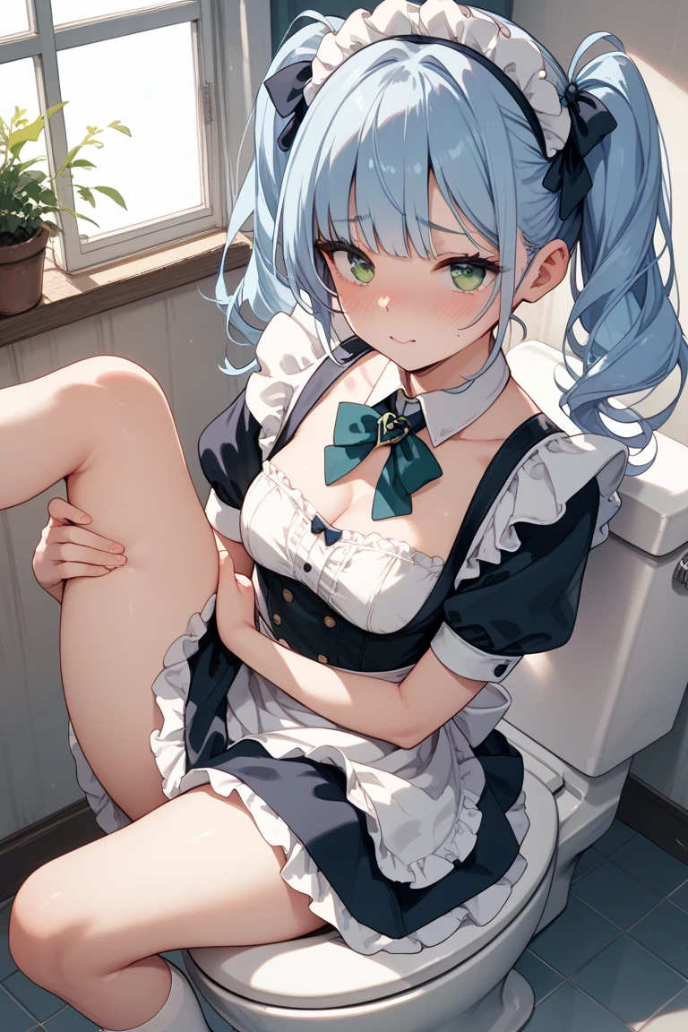 Masterpiece,Best Quality,from below,Full body,feet focus,Looking down,Solo Girl,Brown hair,Medium Hair,Wave Hair,Antenna Hair,Forehead,Small breasts,Red eyes,hairpin,cat ear,complex clother,maid clother,white leg warmers,Spread legs,in the bed room,Anime style,back lighting,faint light