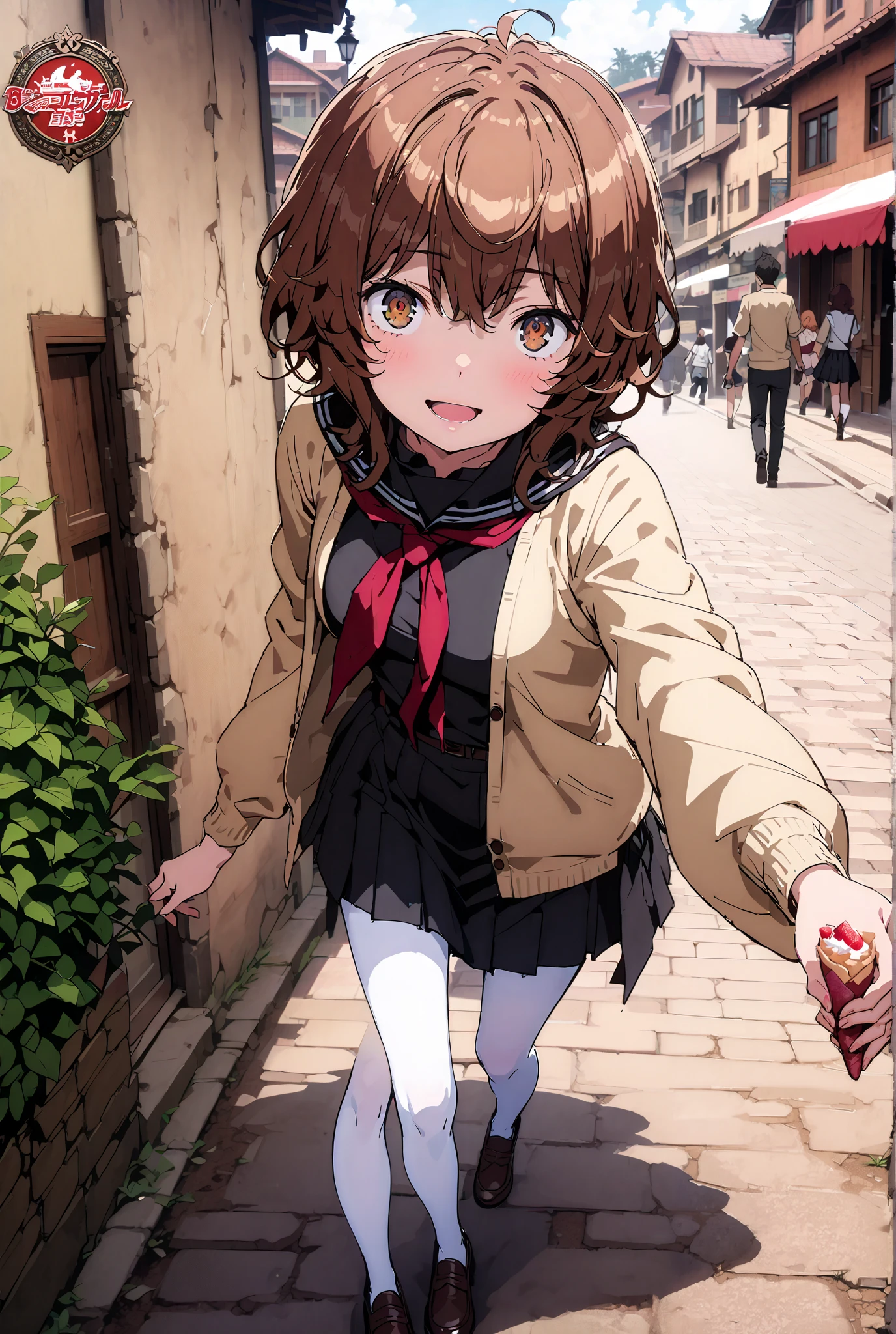 Liliru Card, Lilylka Alde, brown eyes, , smile,cover,opens her mouth,short hair,Black sailor suit,red 弓tie, yellow cardigan , black mini pleated skirt ,white pantyhose as if it were in the illustration,loafers,Holding a crepe with one hand,is walking,Beautiful Scenery,noon,full bodyかイラストに入るように,break outdoors, residential area,
break looking at viewer,full body,
break (masterpiece:1.2),best quality , kampala, Unity 8K Wallpaper ,(shape:0.8),( fine, beautiful eyes :1.6),It's a person ,full body写真,CG Details , (perfect hands,complete ),