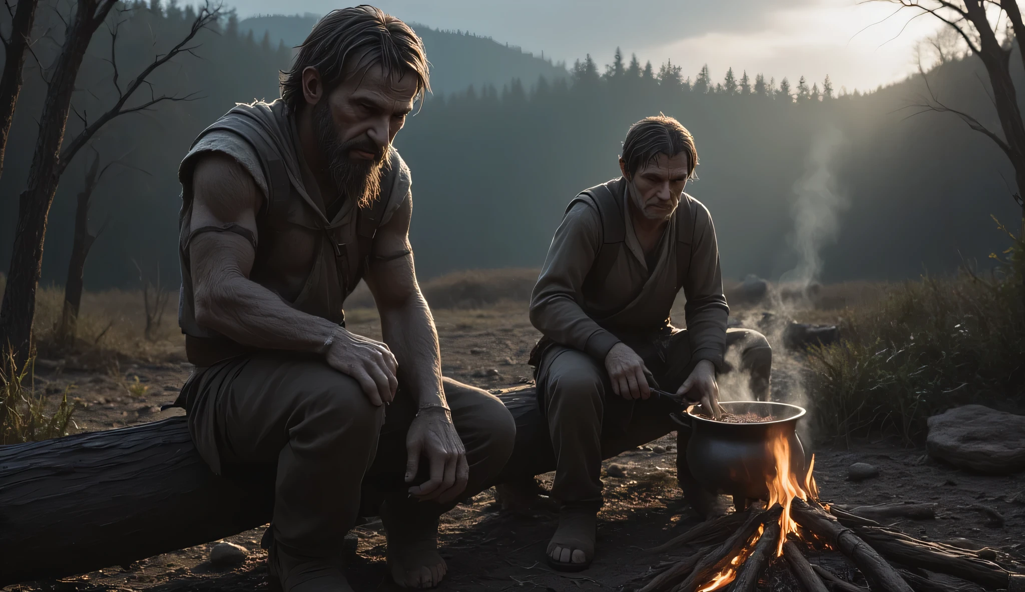 handsome young man, beautiful face, white soft skin, skinny, short hair, shirtless in a jungle collecting firewood, an axe in his hand, in the middle of the jungle behind him a house and three ugly bearded men watching him