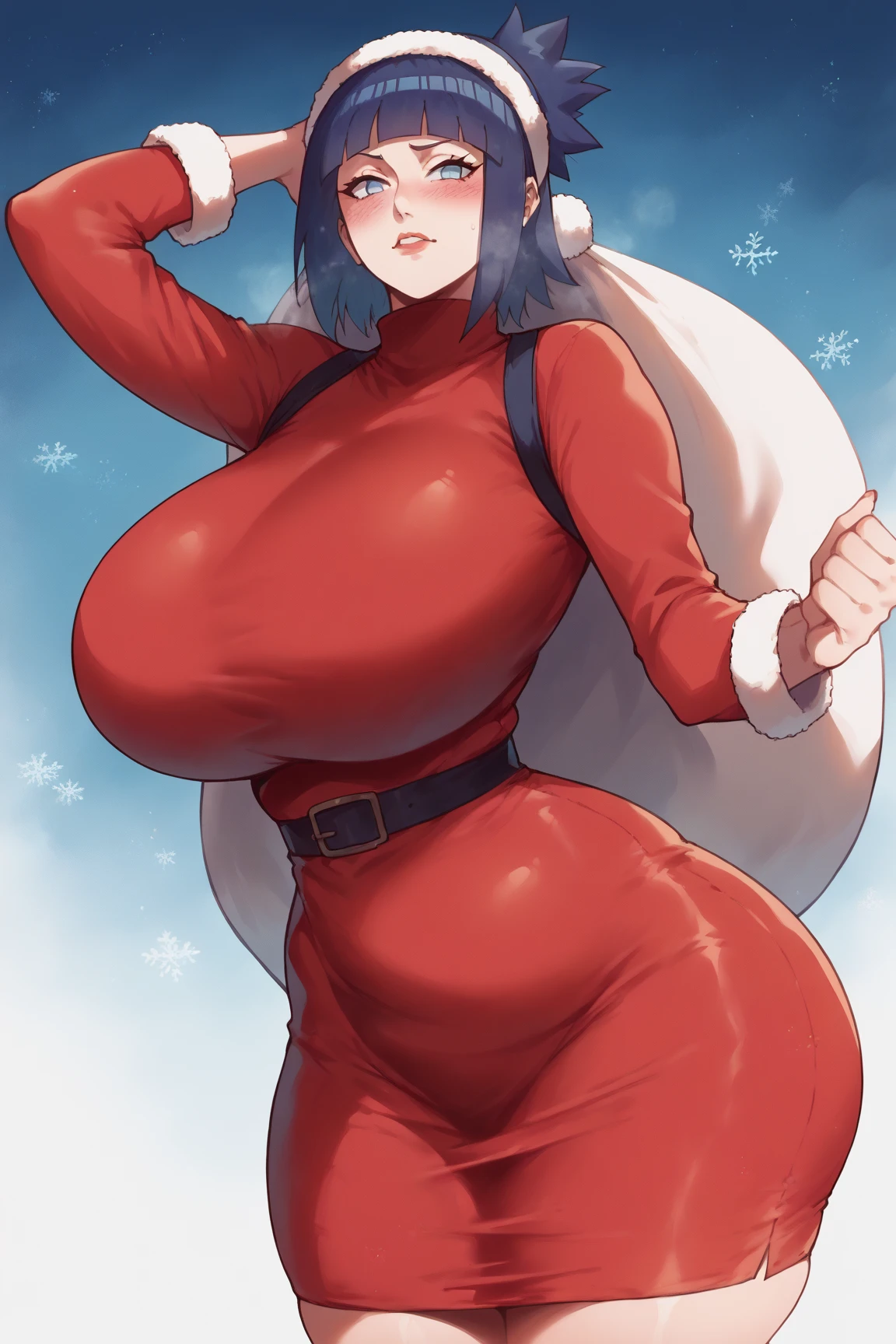Toujo nozomi, green eyes, low twintails, sleeveless,red bodysuit, superman custom,hips, standing,llchar,big breasts, outdoors, arms behind,snow, (blushing:1.3), thicc abdomen,snow, (ass visible through thighs),(thighs gab), superhero pose