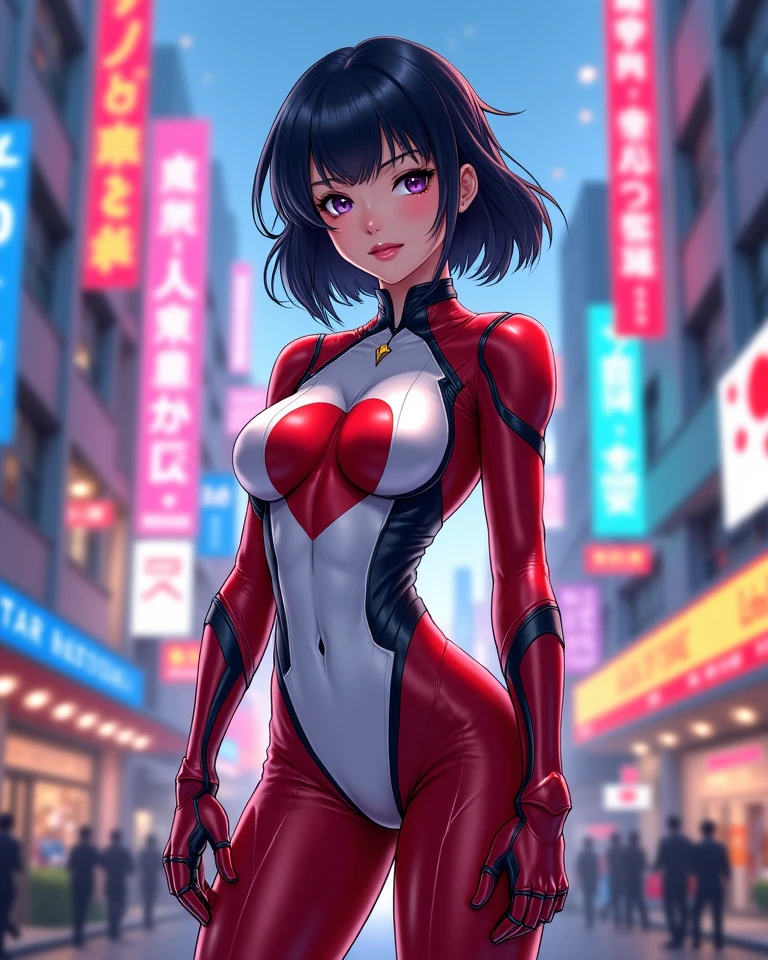  plugsuit, male focus, Shinji Ikari, school uniform 碇真嗣 Super huge big breasts breast enlargement sci-fi city full-body shot 插图, ultra-detailed, HDR, vibrant colors, soft lighting