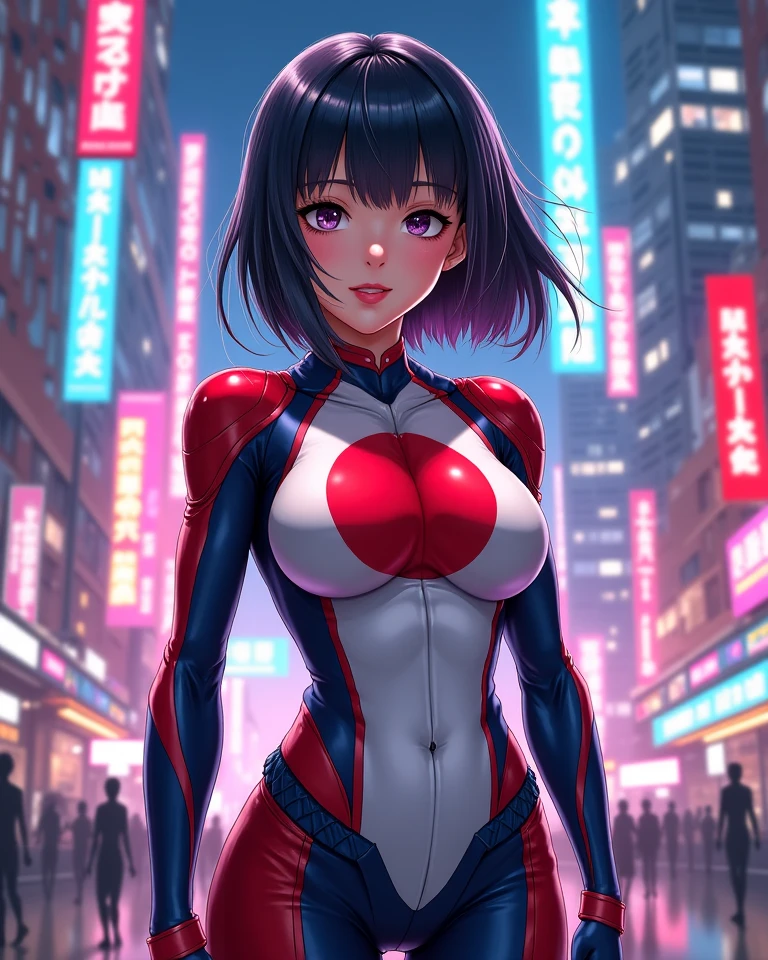 plugsuit, male focus, Shinji Ikari, pilot suit Super huge big breasts breast enlargement blushing and looking at the camera smiling alone standing in a sci-fi city full-body shot illustration, ultra-detailed, HDR, vibrant colors, soft lighting