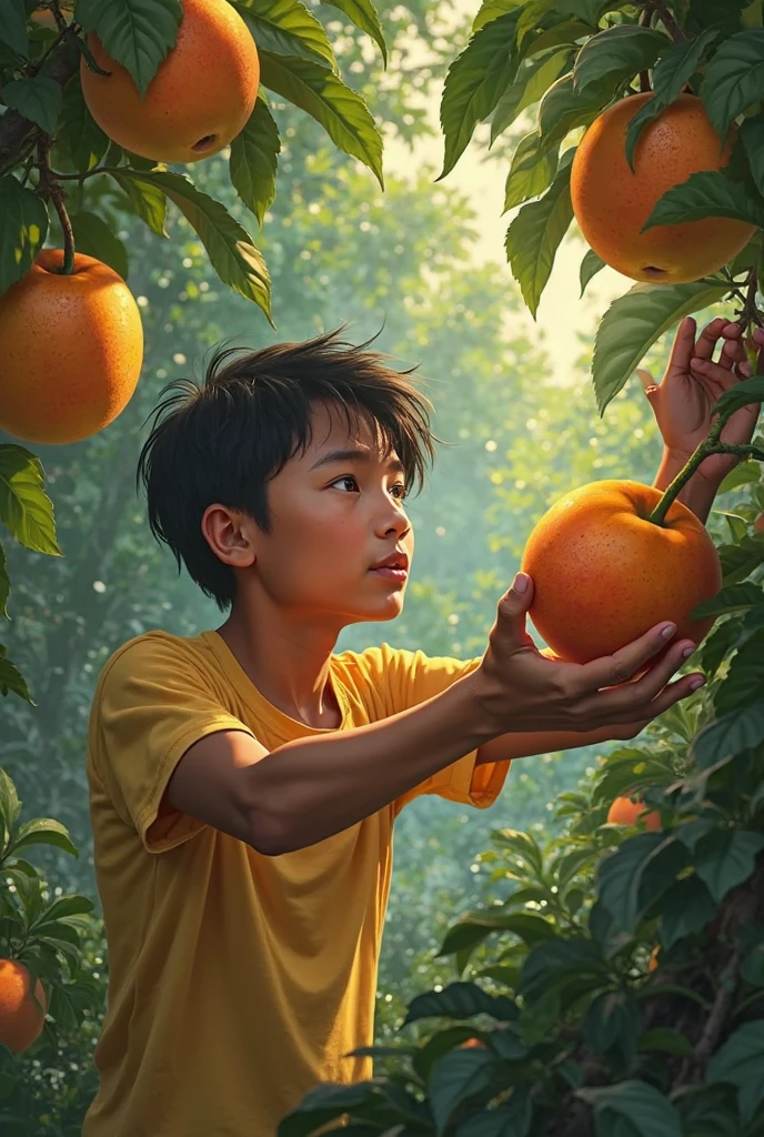 A Korean man wearing a tank top, wearing diapers, sitting on a mango tree branch with a sweet smile