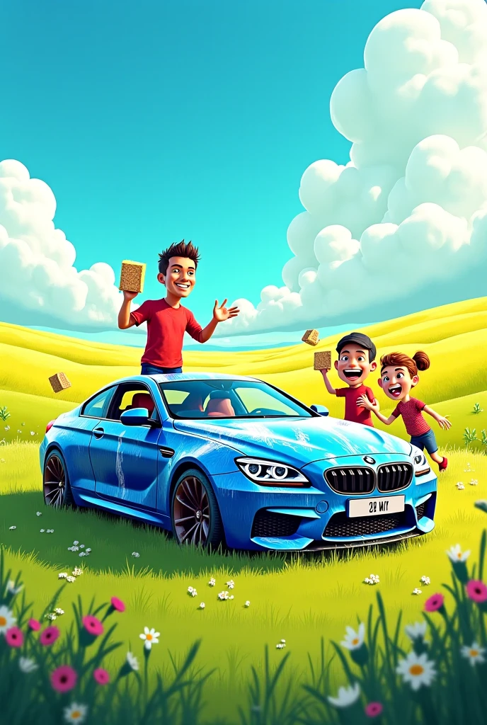 You'll see a man giving a car key to a child, no fundo da imagem um carro vermelho imagens de boa qualidade e realista bem detalhada