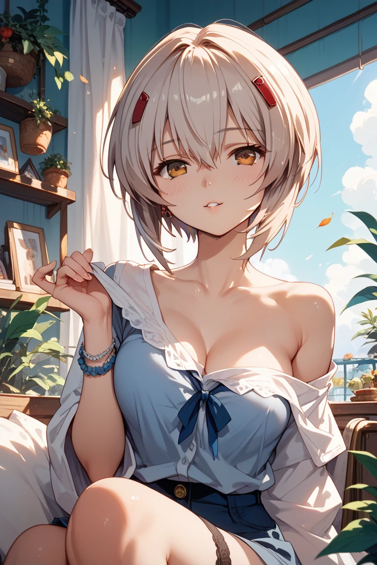 Official Art, (Masterpiece: 1.2, top quality), (Beautiful eyes in detail: 1.2), (Beautiful detailed face, beautiful detailed eyes), High contrast, (best lighting, very delicate and beautiful), 1girl, Dynamic angle, beautiful detailed shine, student, white hair, hair smooth, Short hair, red eyes, normal breasts, cute, cold eyes, tank top, half bread, all fours, chest ( 1.2)