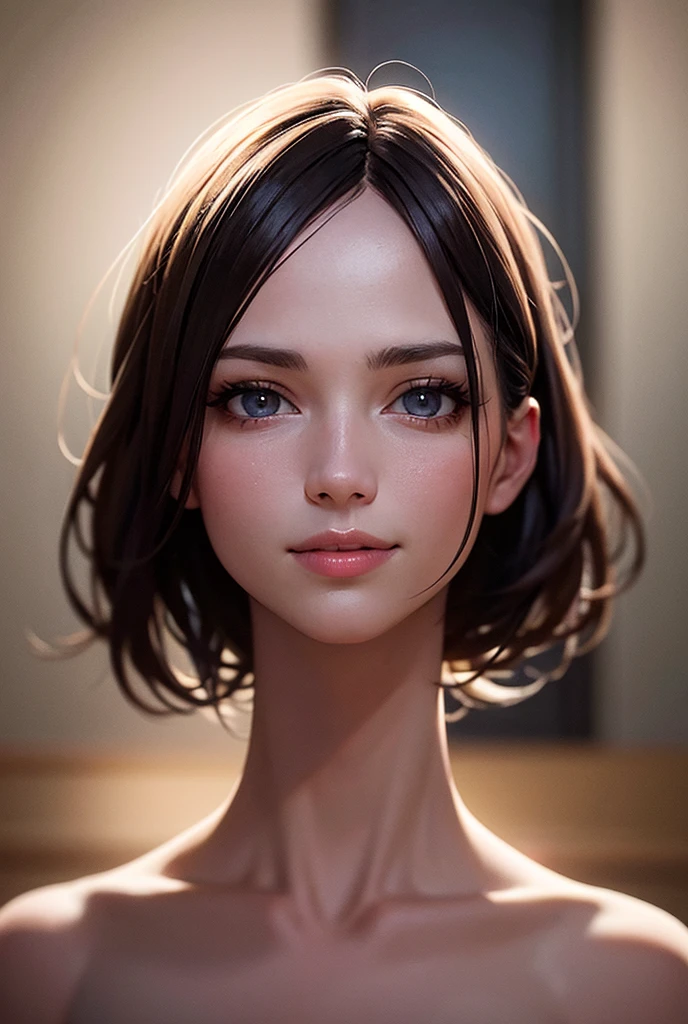 (Realistic:1.4), high quality, 8K Ultra HD, highly detailed face and eyes, clean line art, detailed background, mix of bold dark lines and loose lines, whole nude body, full length picture of cute magical woman, cute detailed face with short colored hair,  the background is a detailed red bedroom in steampunk style, clean line digital illustration in anime style