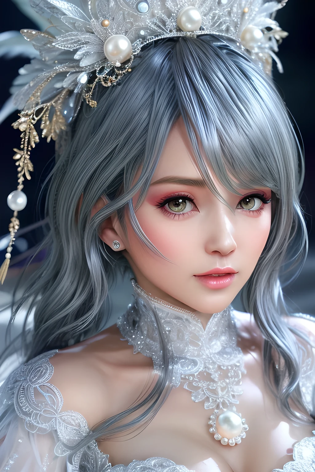 A futuristic royal princess in an extravagant silver-white baroque ball gown, intricate lace embroidery, gemstone and pearl embellishments, large voluminous skirt, high-neck and long lace sleeves, sculptural shoulder details, elegant low bun hairstyle, ethereal and elegant atmosphere, soft spotlight, ultra-detailed, high fashion, fantasy couture, dramatic lighting.close up,