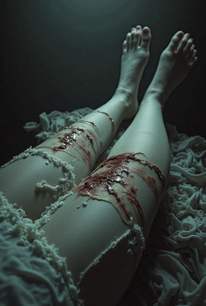 70s setting, grainy analog film, abstract art, stylish artwork, arthouse, drama, indulges in fetish, rubber black stockings, vintage jeans cut-offs, t-shirt, slave collar, stuck in substance, red, black slime bath,