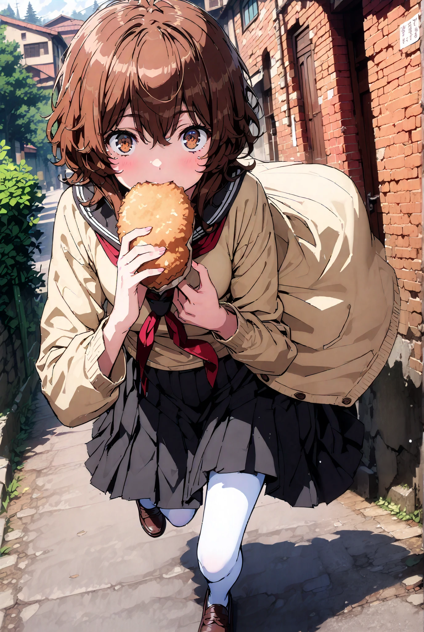 Liliru Card, Lilylka Alde, brown eyes, black cock, smile,cover,opens her mouth,short hair,Black sailor suit,red 弓tie, yellow cardigan , black mini pleated skirt ,white pantyhose as if it were in the illustration,loafers,Holding a paper-wrapped croquette with one hand,is walking,Beautiful Scenery,noon,full bodyかイラストに入るように,break outdoors, residential area,
break looking at viewer,full body,
break (masterpiece:1.2),best quality , kampala, Unity 8K Wallpaper ,(shape:0.8),( fine, beautiful eyes :1.6),It's a person ,full body写真,CG Details , (perfect hands,complete anatomy),