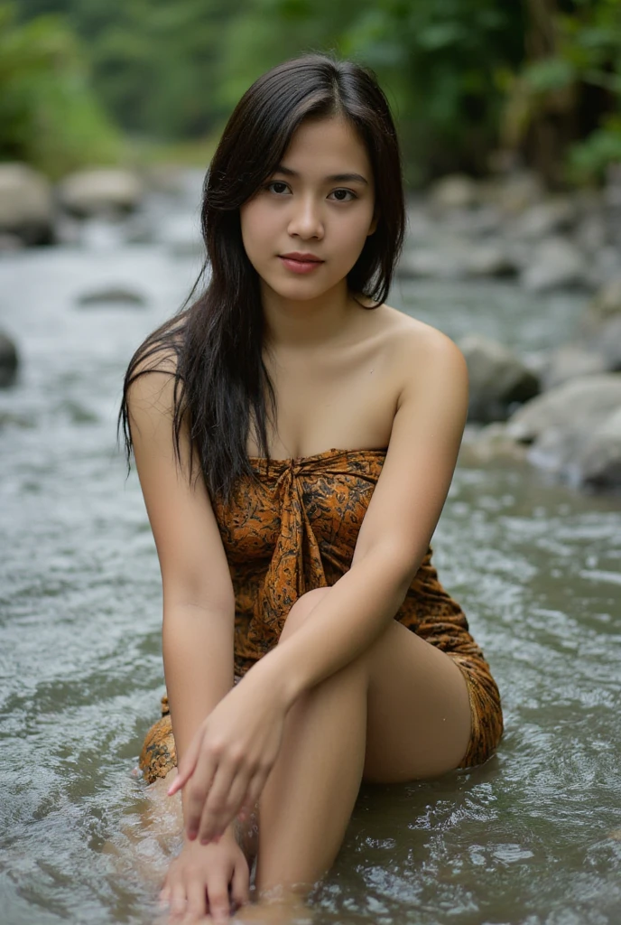 an Indonesian woman, wearing a soaking wet swim suit, is sitting by the riverphotograph, to shot, with shot, casual/professional photo, 4k, 8k Ultra, Epic, detailed and complicated, smooth, FHD with clear image quality auto focus