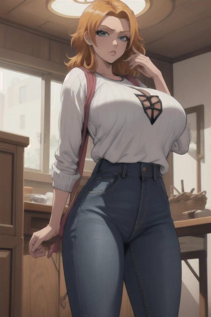 Female Ranma Saotome. red hair. saggy breats. huge hips. choker. jeans. shirt