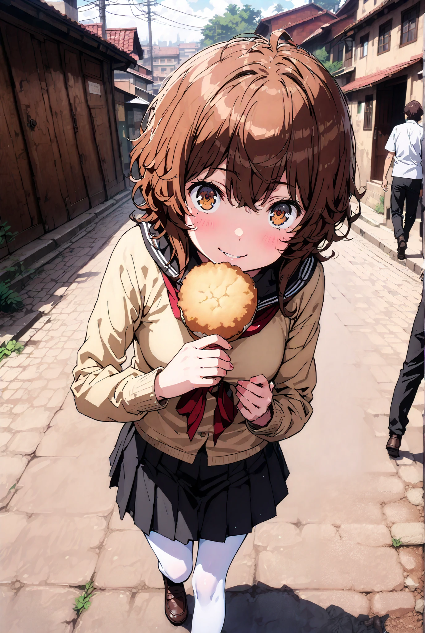 Liliru Card, Lilylka Alde, brown eyes, black cock, smile,cover,opens her mouth,short hair,Black sailor suit,red 弓tie, yellow cardigan , black mini pleated skirt ,white pantyhose as if it were in the illustration,loafers,Holding a paper-wrapped croquette with one hand,is walking,Beautiful Scenery,noon,full bodyかイラストに入るように,break outdoors, residential area,
break looking at viewer,full body,
break (masterpiece:1.2),best quality , kampala, Unity 8K Wallpaper ,(shape:0.8),( fine, beautiful eyes :1.6),It's a person ,full body写真,CG Details , (perfect hands,complete anatomy),