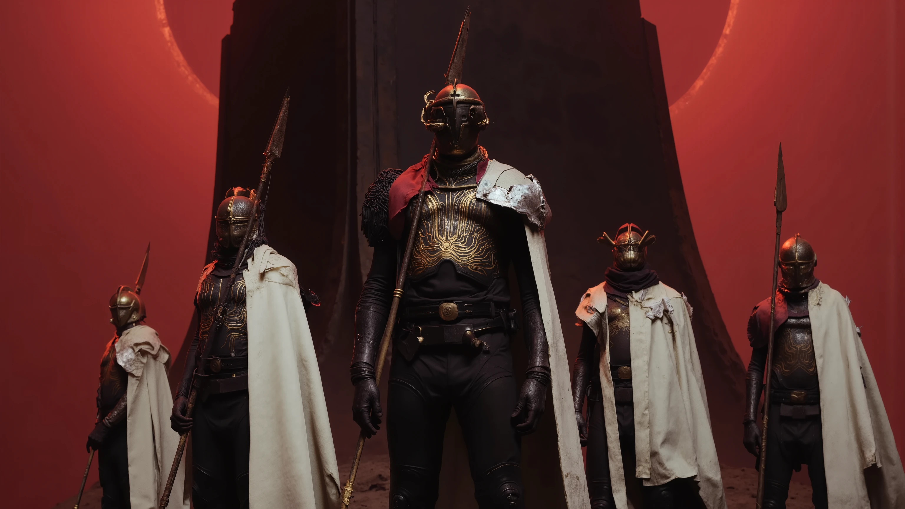 A group of soldiers dressed in black leather stands neatly at the top of a mountain,Dressed in long white capes,The soldiers all had spears in their hands,The spear stands on the ground,Wearing a golden helmet,and their helmets were covered with wires and pipes,Elevation angle composition,People in the middle,full body photo,The inside of the cape is red,has a gold circuit texture on the chest,There are black pipes and wires on the body, is facing the camera, front full body,Leather clothing is biotechnology,has silver-white mechanical shoulder armor on the shoulder,with delicate circuit patterns on the shoulder blades,There are golden silk lines on the body,Science Fiction,metal texture,The background is a blood-red sky and a huge black square column,大Wide-angle composition。A sense of emptiness in the scene,Sacred,Pillars soar into the clouds,There is a golden ring shining in the sky,creates a sense of depth and perspective, Dark Tones,Film composition ,Wide-angle composition,Movie lighting ,Art by Piotr Jabłoński,drk4rt,Billie Eilish