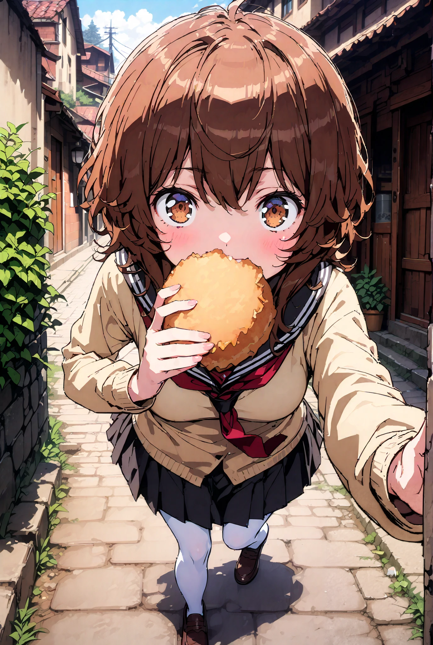 Liliru Card, Lilylka Alde, brown eyes, black cock, smile,cover,opens her mouth,short hair,Black sailor suit,red 弓tie, yellow cardigan , black mini pleated skirt ,white pantyhose as if it were in the illustration,loafers,Holding a paper-wrapped croquette with one hand,is walking,Beautiful Scenery,noon,full bodyかイラストに入るように,break outdoors, residential area,
break looking at viewer,full body,
break (masterpiece:1.2),best quality , kampala, Unity 8K Wallpaper ,(shape:0.8),( fine, beautiful eyes :1.6),It's a person ,full body写真,CG Details , (perfect hands,complete anatomy),