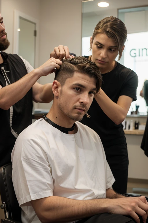 A behind-the-scenes image of a drama would show the actor sitting in a chair with his back to a hairdresser in the drama scene