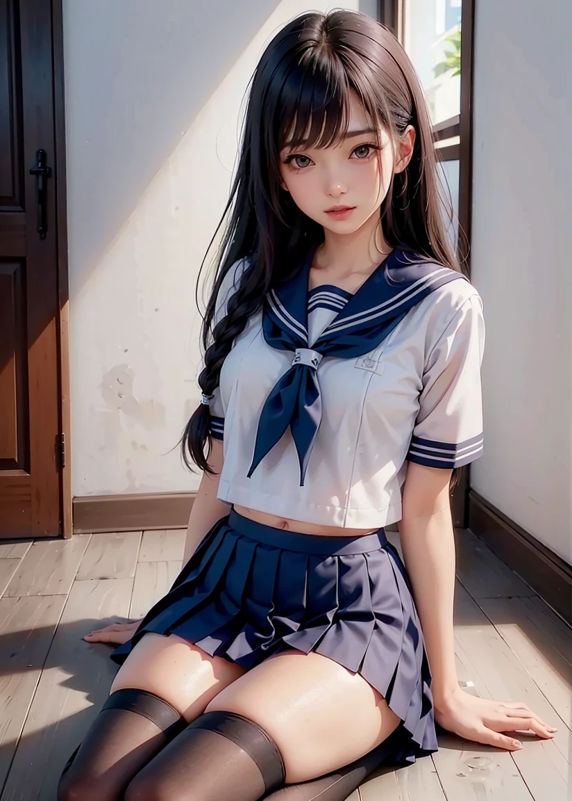 (highest quality,masterpiece:1.3,Ultra-high resolution),(Very detailed、Caustics) (Realistic:1.4, RAW shooting、)Ultra-Realistic Capture、Very detailed、Natural skin texture、masterpiece、(Japanese girls wearing high school sailor uniforms:1.3)、Adorable expression、Expressions of happiness、14 years old、Height: 148cm、Young Face、Amazingly cute、Twin tail hairstyle、Straight hair、Scrunchie、Black Hair、light makeup、Slightly large breasts、Bare arms、Shining thighs、Shining ass、Filmed in a junior high school classroom、Background in detail、(Appearance without skirt) 、Satin fabric panties are visible、smile、An inviting gaze、Anatomically correct、Cowboy Shot、Attention to detail、Pose that emphasizes the legs、