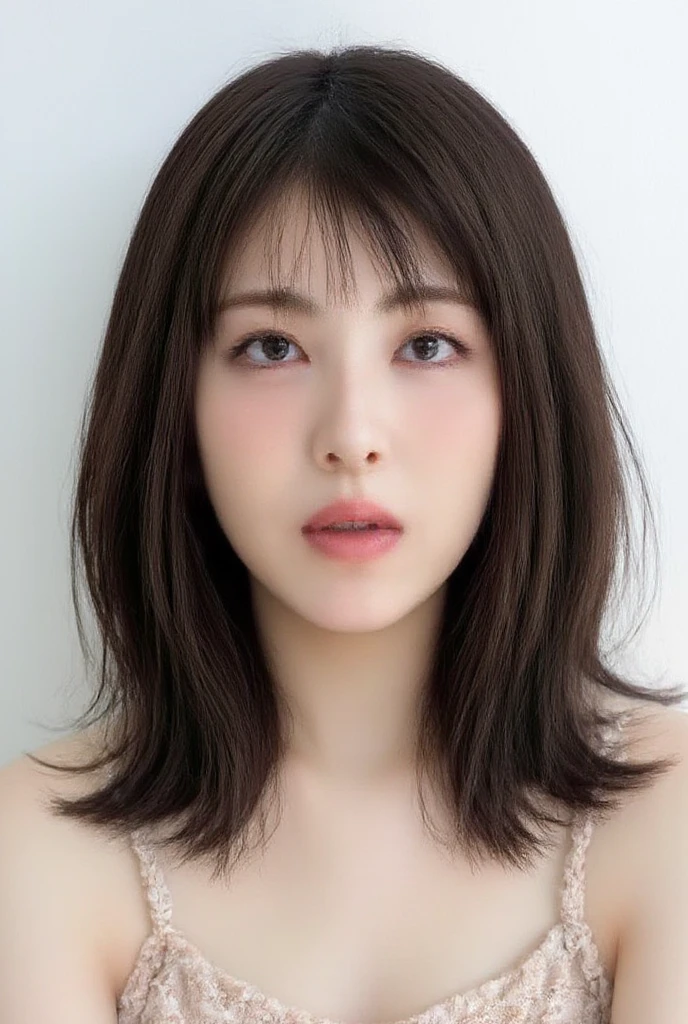 ((1 girl:1.4)), (Wear a white camisole:1.4), ((round face:1.2))、Looking at the camera、Beautiful Japanese Idols,((Close-up of face))、No underwear、(RAW Photos, Highest quality), (Realistic:1.3), (masterpiece), Very delicate and beautiful, Very detailed, 2k wallpaper, wonderful, finely, Very detailed CG Unity 8K 壁紙, Very detailed, High resolution, Soft Light, Beautiful detailed girl, Very detailed目と顔, Beautiful and sophisticated nose, Big beautiful eyes, Cinema Lighting, (Simple light color background:1.3),(Medium Hair), (Parted bangs), Complete Anatomy, Slender body,Small breasts, Sensual look