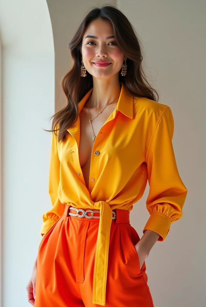 masutepiece, Best Quality, Photorealsitic, Ultra-detailed, finely detail, hight resolution, 8k wallpaper, Professional, high level of detail, (fully body photo), (Attractive 30 year old woman), Classy and stylish bob haircuts, blonde  hair, Floating hair, (Tight open shirt in yellow-orange color), a miniskirt, Stockings, garterbelts, high-heels), Stairs in front of the museum, Natural lighting, seductive and small bust, well-shaped natural breasts, elegent, a gorgeous, toned body type, Hourglass body shape, (Full body with visible face and eyes), ((Look at viewers))