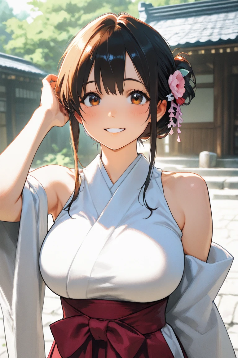 ((masutepiece, Best Quality, hight resolution, nffsw, Perfect Pixel, depth of fields, 4K, )), Show the armpits、1girl in, Solo, Lori, Beautiful anime girl, Beautiful Art Style, close up, Looking at Viewer, Perfect body, large boob, Full face blush, Smile, shrine maiden, Hakama skirt, Bare shoulder, from the front side, shrine background、Opening Mouth